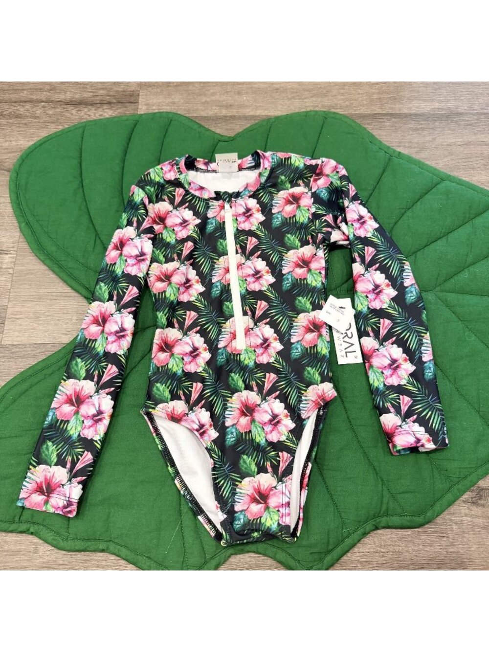 Coral Reef Girl 5 Hibiscus Floral Long Sleeve One Piece Bodysuit Swim Rash Guard